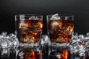 Two chilled glasses filled with bubbly soda and ice cubes. Refreshing beverage concept