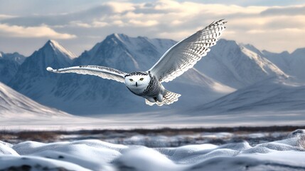 A majestic snowy owl flies gracefully over a winter landscape. Its feathers glisten in the cold light. Perfect for nature lovers and wildlife enthusiasts.