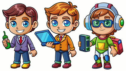 Happy Young Man Character Poses: Student, IT, Technology, Gadgets