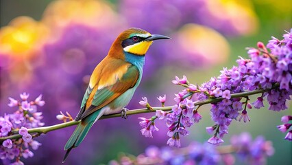 Colorful bird perched on branch with purple flowers, bird, colorful, branch, flowers, nature, wildlife, feathered