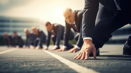 Close-up of businessmen crouched at the starting point on a running track, ready to race, illustrating the concept of business competition and readiness,generative ai