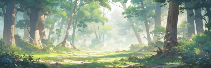 Enchanted Anime Forest: A Colorful Wide-Format Background of a Whimsical Anime-Style Cartoon Forest Perfect for Gaming Art and Storybook Illustrations in 4K