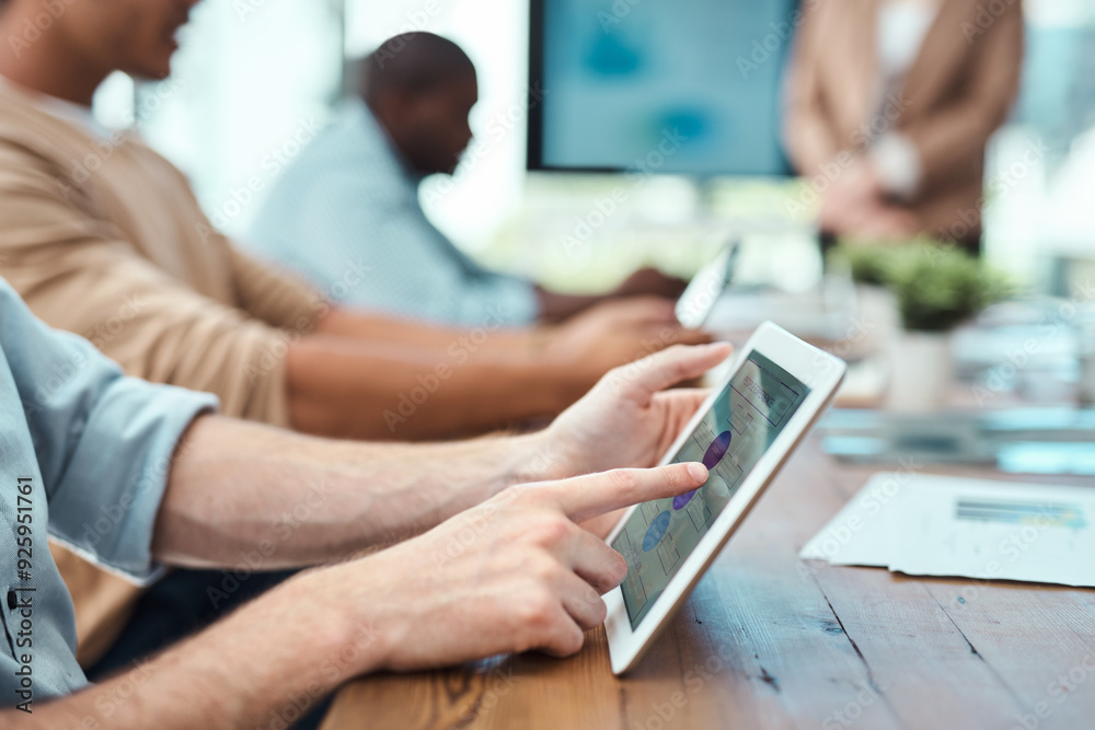 Canvas Prints Finger, infographic and tablet with business person at table in boardroom of office for meeting. Hand, information and technology with design employee in workplace for creative research closeup