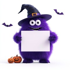 Naklejka premium Cute purple monster with witch hat holding blank sign, Adorable purple furry monster wearing a witch hat, holding a blank sign, surrounded by Halloween elements like bats and pumpkins. 