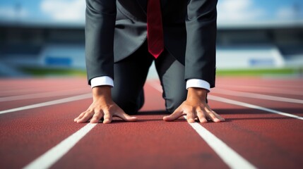 Dynamic close-up of a businessman in a suit, getting ready to run from the starting line on a track, capturing the essence of competition and ambition in the business world,generative ai