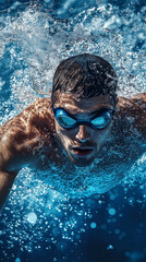 Fototapeta premium A man is swimming in the ocean wearing goggles