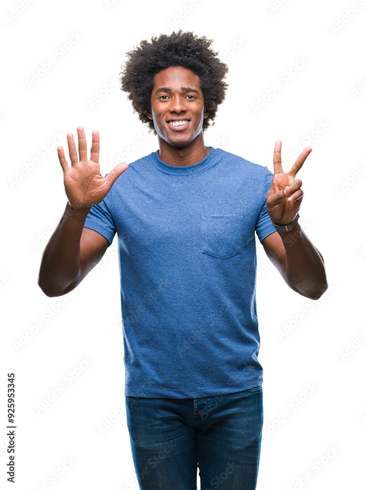 Wall mural afro american man over isolated background showing and pointing up with fingers number seven while s
