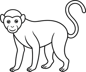 Monkey outline illustration, swinging from a tree branch with a curled tail, drawn with minimalistic lines on a white background.