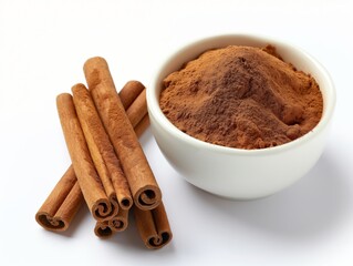 Cinnamon sticks on a white background. Cinnamon roll. Spicy spice for baking, desserts and drinks. Fragrant ground cinnamon. cinnamon powder Close-up. 