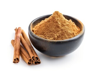 Cinnamon sticks on a white background. Cinnamon roll. Spicy spice for baking, desserts and drinks. Fragrant ground cinnamon. cinnamon powder Close-up. 
