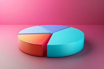 3D pie chart in vibrant colors on a pink background, symbolizing data visualization, statistics, or business analysis in a modern and creative style
