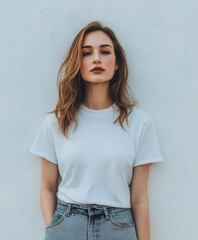 Fototapeta premium Woman in a white t-shirt poses against a light wall during the day