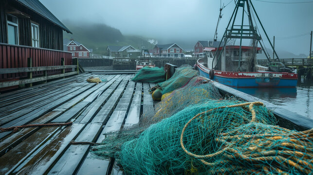 Wet Fishing Nets on Foggy Harbor Deck in Coastal Fishing Village