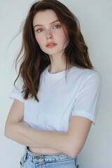 Fototapeta premium Young woman in a plain white t-shirt poses against a neutral backdrop