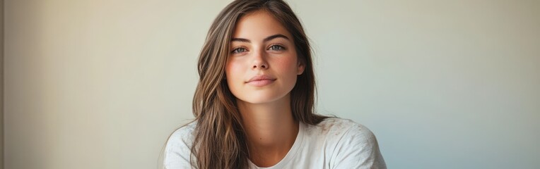 Naklejka premium Woman in a white t-shirt poses confidently indoors during daylight