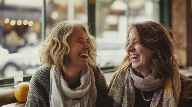 Two Women Sharing a Heartfelt Laugh by the Window in a Cozy Caf&eacute;