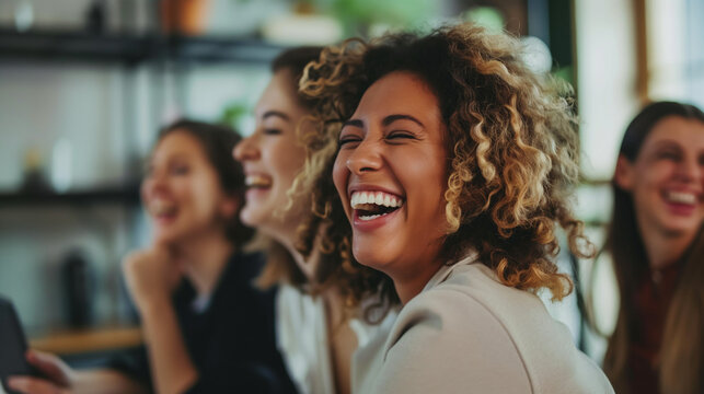 Group of Diverse Women Laughing Together in a Bright Social Setting
