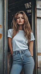 Fototapeta premium Young woman in a white t-shirt posing outdoors near an old building