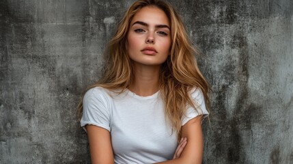 Naklejka premium Young woman in a white t-shirt poses confidently against a textured wall