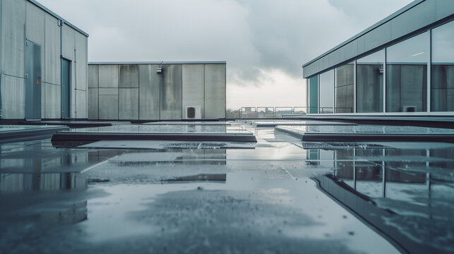 Urban Rooftop with Puddles After Rain Under Cloudy Sky