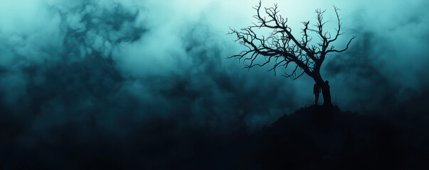 Silhouette of a lone tree on a hill surrounded by mist and clouds, creating an eerie and mysterious atmosphere.