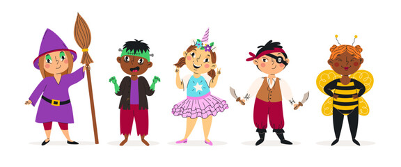 Funny kids in halloween costumes vector illustration. Happy and cute carnival children set. Witch, zombie, unicorn, pirate and bee. For stickers, kids design, holiday banners