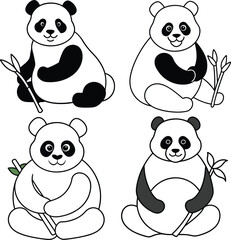 A package of Panda outline or line art or sketch illustration, sitting and holding bamboo, with smooth and simple lines on a white background.