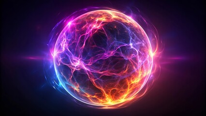 Obraz premium Abstract neon energy sphere with purple and pink flames and sparks on dark background, neon, energy sphere, abstract, particles