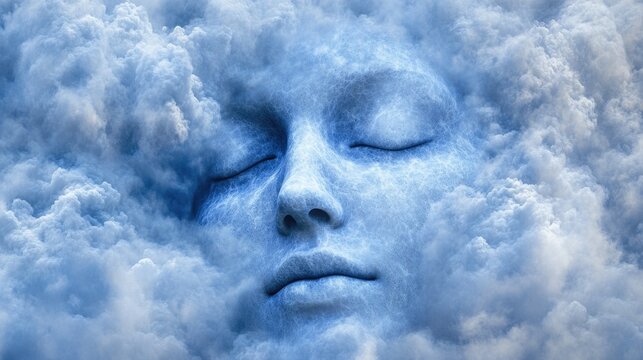 A tranquil face emerges softly from gentle, fluffy clouds in a calm atmosphere