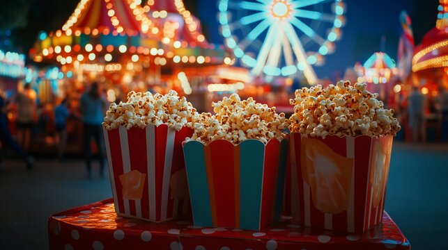 A festive carnival scene with a popcorn stand, featuring colorful popcorn boxes and bags, with a Ferris wheel and bright lights in the background