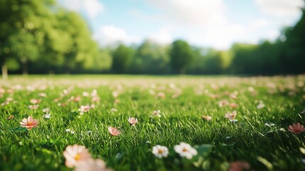 Field of Dreams: A serene field of daisies and clover bathed in soft sunlight, capturing the essence of springtime and tranquility. 