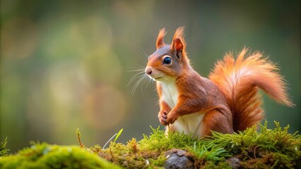 Eurasian red squirrel in natural habitat , wildlife, rodent, forest, foraging, cute, furry, small animal, tree, acorn, nature