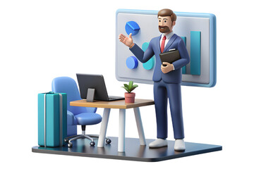 Consultant presenting strategy in modern flexible workspace with glossy surfaces and dynamic camera movement. Focus on professional presentation skills in stock photo concept.