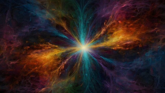 abstract artwork depicting a celestial explosion, with swirling colors and cosmic energy converging towards a central point. 545