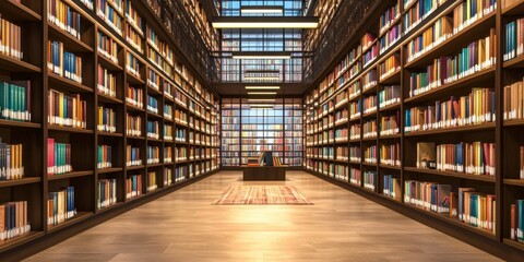 Detailed view of a library with rows of books and cozy reading nooks, illustrating an inspiring space for academic growth and study