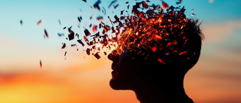 Silhouette of a person's head with exploding fragments, symbolizing creativity, ideas, or a mind explosion, against a sunset sky.