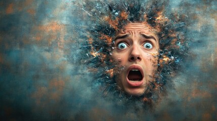 A terrified individual expresses horror while surrounded by a chaotic background