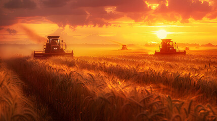 Fototapeta premium Group of harvesters harvesting ripe wheat field in autumn with sunset. Concept of agriculture, agronomy and crop collection.
