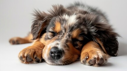 Australian shepherd puppy lying down with white background