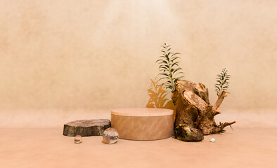 3D product podium cylinder nature and rock background indoor podium wooden texture design element modern advertising bright wooden color background template