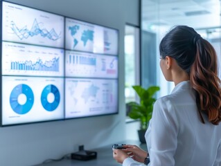 Professional woman presenting business report with graphics for company growth on big screen tv