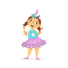 Funny girl in halloween costume isolated on a white background. Baby girl dressed as a unicorn. Vector illustration. Happy and cute carnival child. Character design. For stickers, kids design, holiday