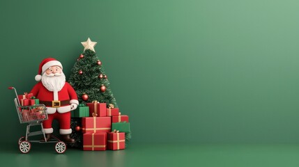 Jolly Santa Claus with Cart of Gifts by Glowing Christmas Tree on Green Background, Generative Ai