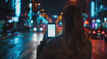 Woman hands using mobile smart phone with empty screen on night street in city,The concept of online navigators and applications for smartphones,Close up,Blurred night light city background.