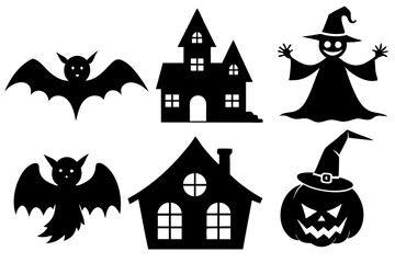 Minimalist Halloween Vector Collection: Witch, Jack-o'-Lantern, Haunted House, Bat, Ghost, Black Cat - Spooky and Festive Silhouettes for Logos and Decorations