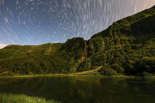 waterfall lagoon in acores in portugal panorama