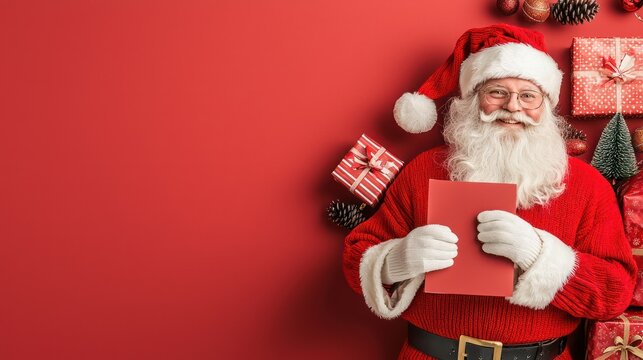 Jolly Santa Claus with Shopping Guide Among Festive Gifts on Red Background, Generative Ai