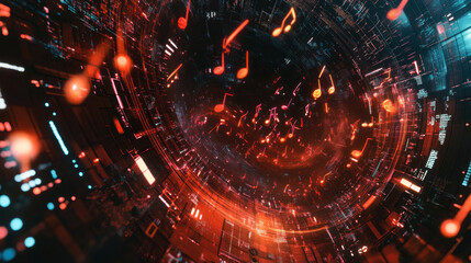 A futuristic digital background with musical notes in a vibrant, abstract style. Concept of digital music and technology