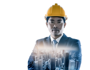 Urban Visionary: A confident engineer in a hard hat, his vision of a modern cityscape superimposed over his image, symbolizing the power of design and construction to shape the future.