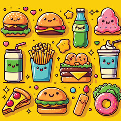 Fast Food Items Set Of Realistic Design Vector Stickers Isolated On White Background.